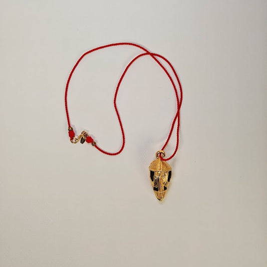 Gold cocoa pod pendant on a red string against a light gray background