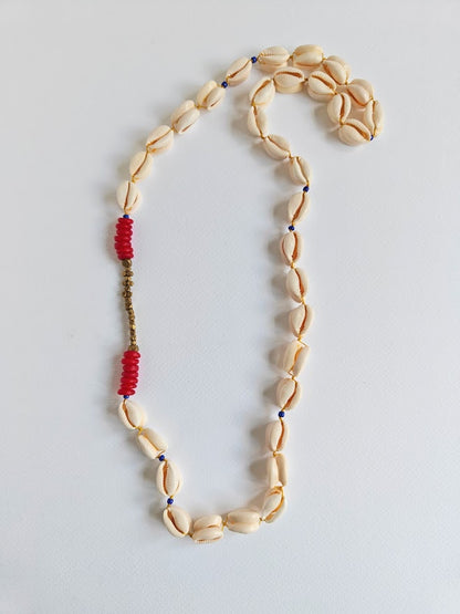 Long double backed cowrie shell necklace with brass and red recycle glass beads necklace.