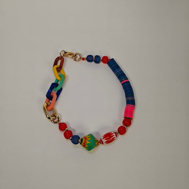 Colorful beaded necklace on a light gray background
