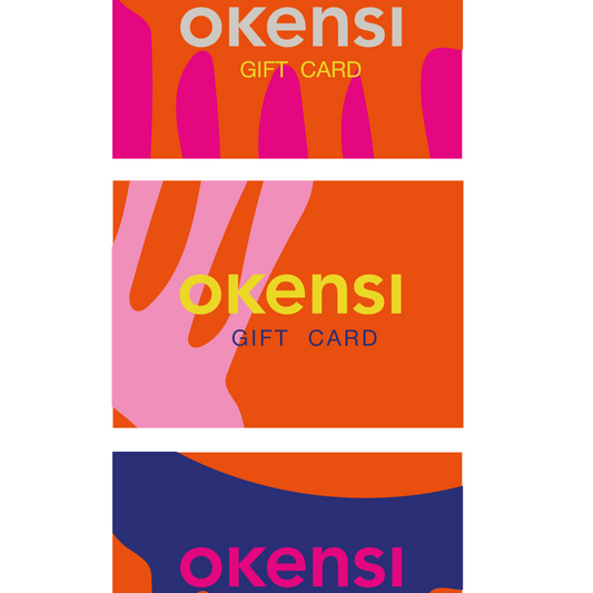 Three colorful 'okensi' gift cards with abstract designs on a white background.