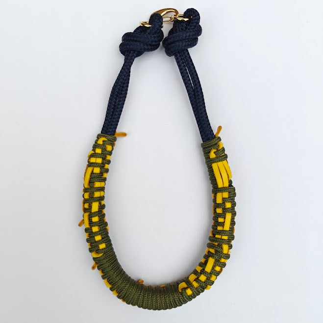 Khaki green and navy rope necklace with Yellow leather weaving