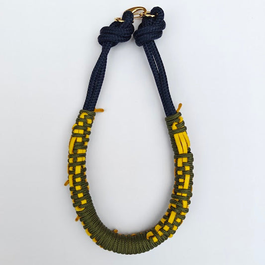 Khaki green and navy rope necklace with Yellow leather weaving