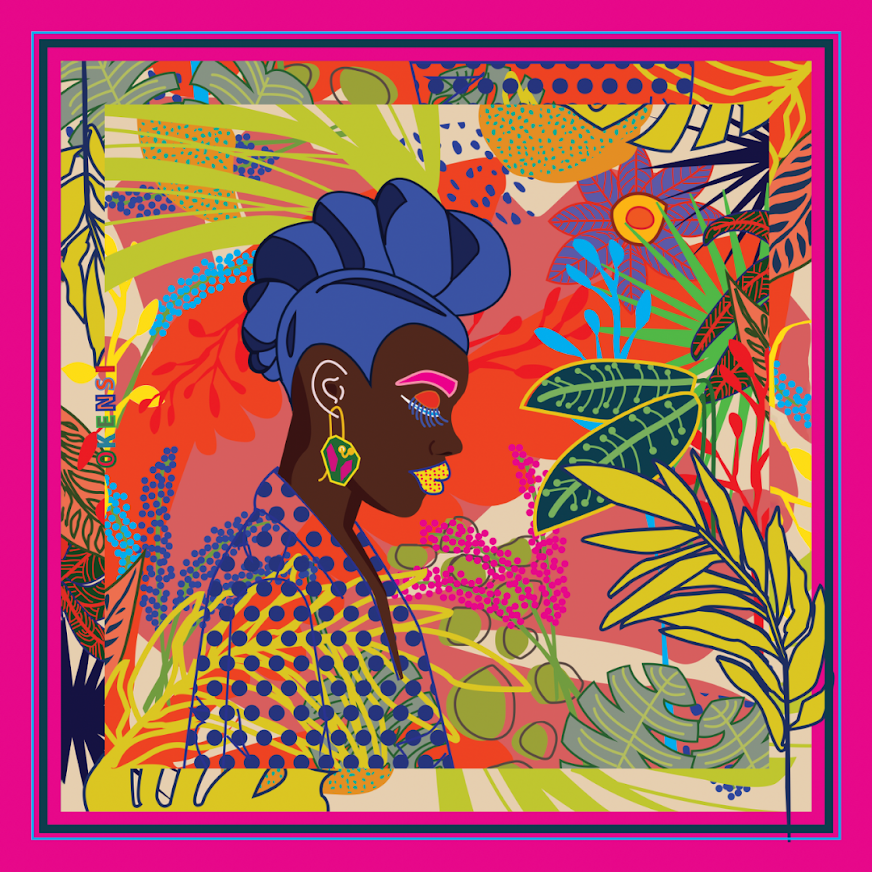 Ghanaian-inspired luxury silk scarf with joyful Black woman illustration, 118 cm square