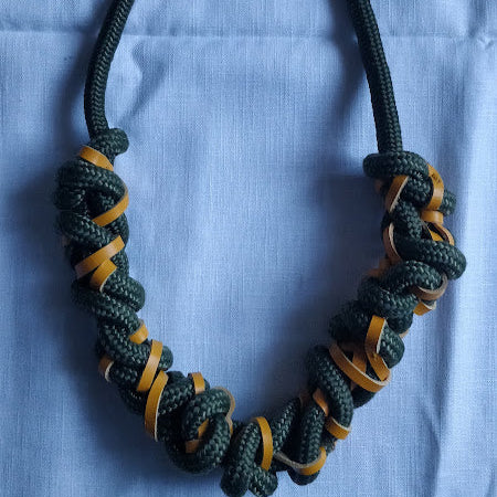 Long rope and leather necklace with bold folds and knots, 86 cm, gold-plated clasp